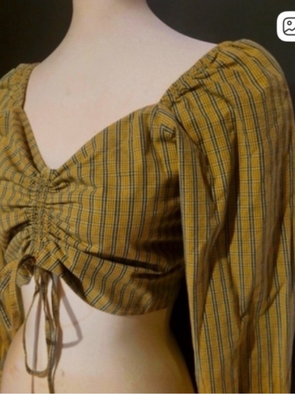 Levi's Green Plaid Devin Blouse Crop Top Puffed Sleeve Smocked Back Size Medium